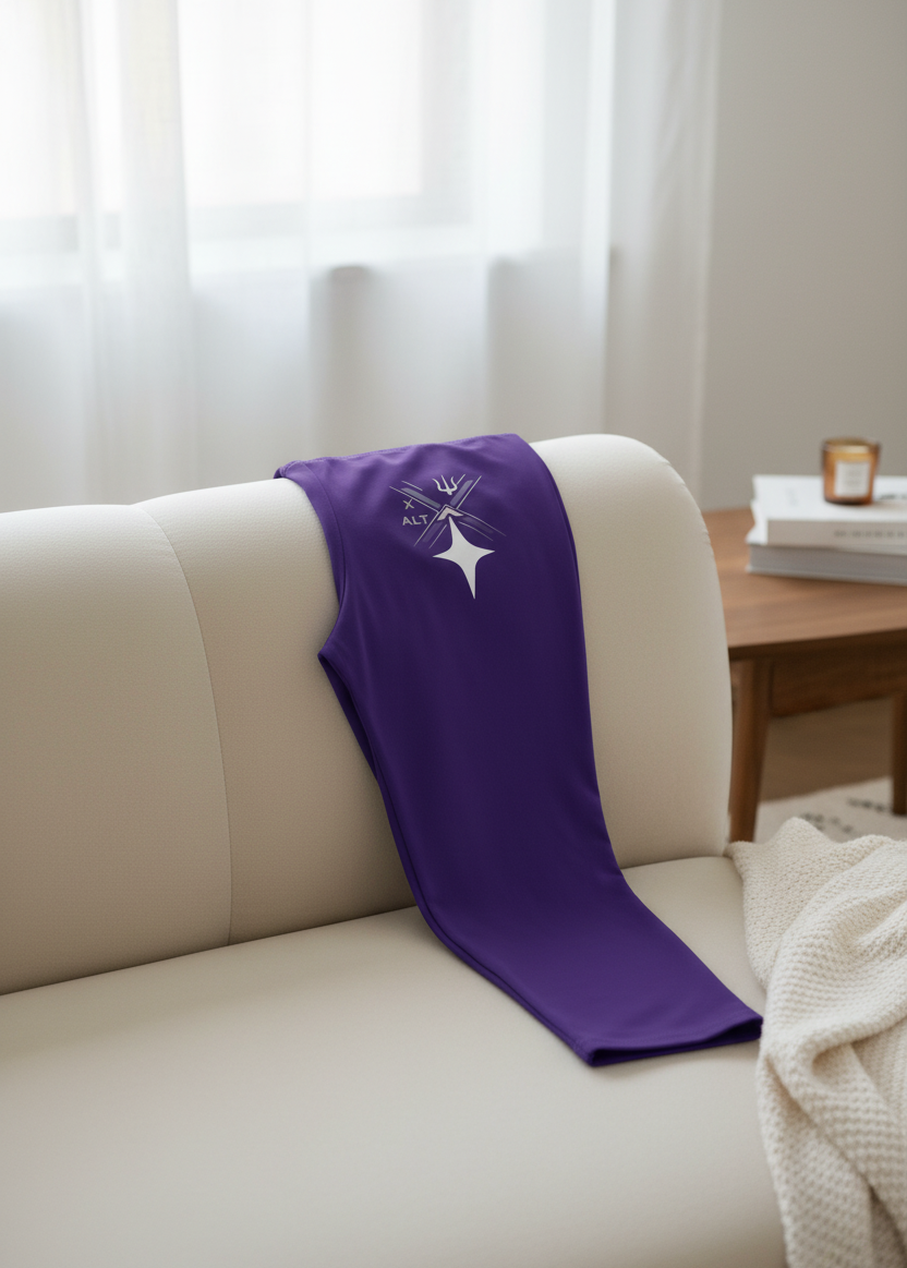 A purple sleeveless top or dress with a white graphic logo is draped over the back of a cream-colored sofa in a bright, modern living room setting.