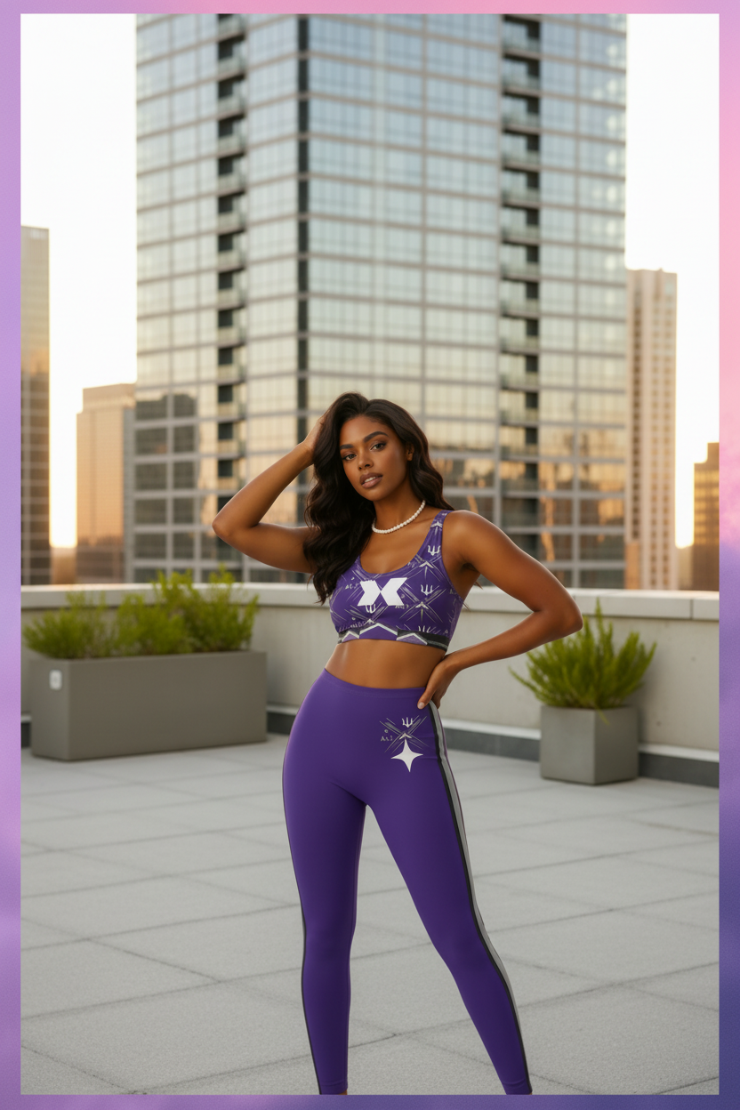 A woman posing on a rooftop terrace at sunset wearing a matching purple athletic set with white graphic star details. The set includes a sports bra and high-waisted leggings with a white stripe down the side.