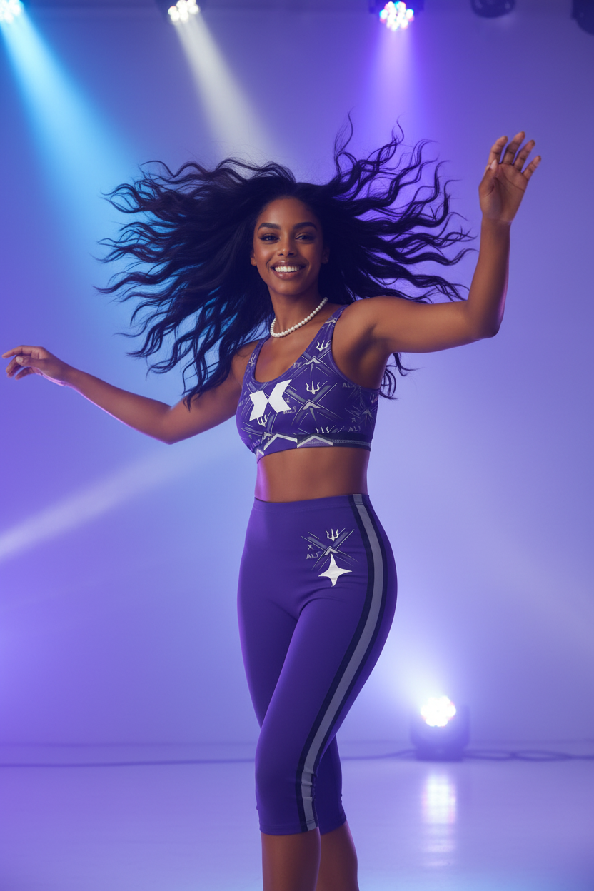 A woman posing in a purple athletic set featuring a sports bra and matching capri leggings with white star graphics, set against a purple-lit studio background.